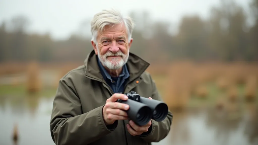 Seniors ar binokulārēm un putnu fotogrāfijas aprīkojumu pie Lubānas mitrāju, putnu vērošanas sezona